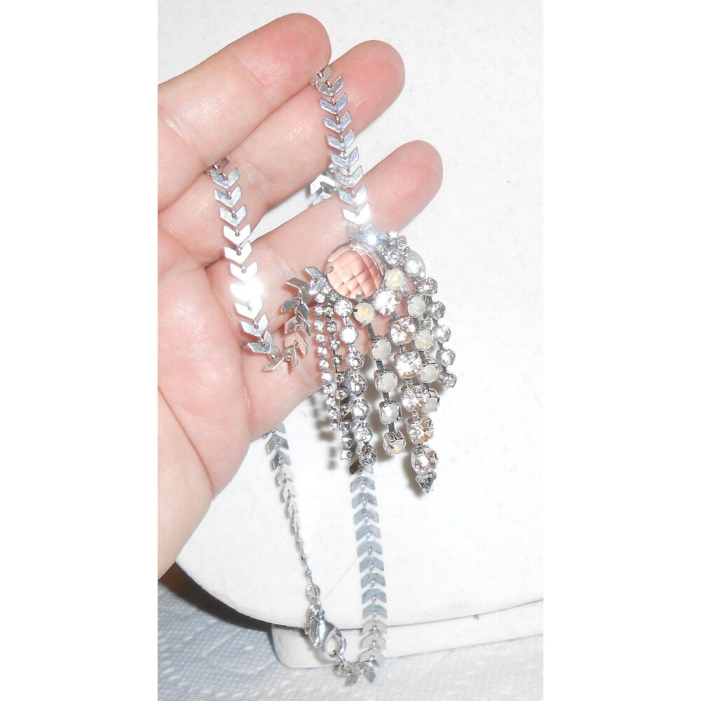 Vintage Express Silver Necklace Chevron Herringbone Chain Rhinestone Waterfall - Picture 6 of 13